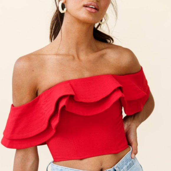 SELFIE LESLIE/ red ruffle crop top S - Picture 3 of 6